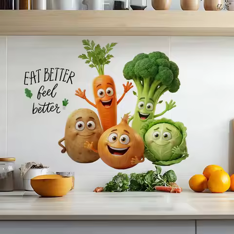 Funny Cartoon Vegetables Wall Decal - "Eat Better Feel Better" Peel and Stick Sticker, Removable Sel