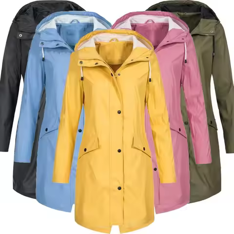 2024 New Arrival Women Clothes Solid Rain Waterproof Jacket Coat Outdoor Hoodie Long Overcoat Plus S