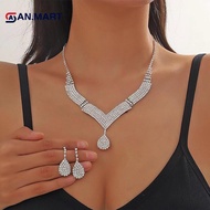 AN.MART 2Pcs Fashionable Rhinestones Nelaces Earrings Jewelry Set Women's Wedding Accessories Gift M