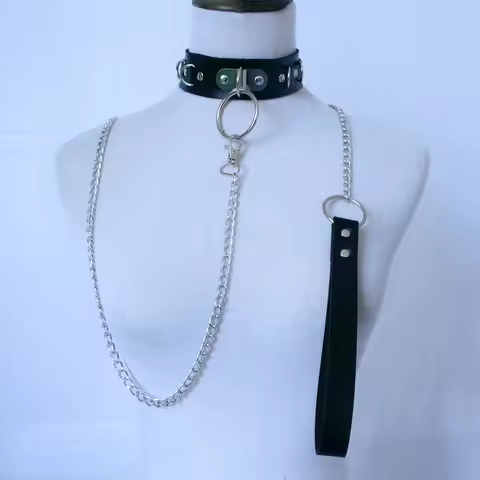 BDSM Leather Collar Kinky Dog Chain with Leash Chain Adjustable Roleplay Fetish Choker