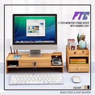 2 Tier Monitor Stand Riser With Drawer Lock Multifunction Wood Made Computer Table Top Storage Organizer