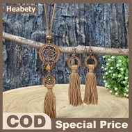 Heabety Bohemian Vintage Style Fringe Pendant Wood Circle Design Long Necklace Earrings Jewelry