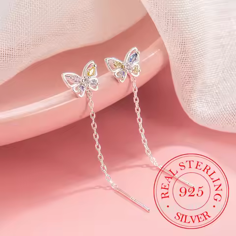925 Sterling Silver Colorful Zircon Butterfy Ear Line Tassel Drop Earrings for Women Wedding Party J
