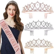Bling Rhinestone Crown Tiara Birthday Decoration Happy 50 60 70th Birthday Satin Sash Party Supplies