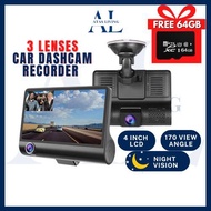 🔷ATAS🔷FREE 64GB 4inch 3 Lens Dash Cam 1080P Full HD DVR DashCam 170 Wide Angle G-Sensor Recorder
