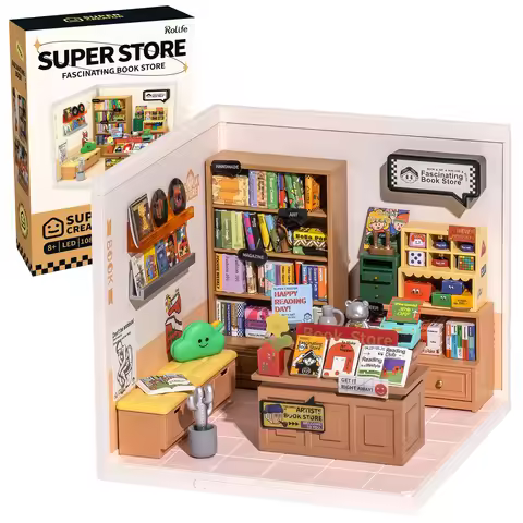Rolife DIY Miniature House Kit Fascinating Book Store Super Creator Dollhouse 3D Puzzle Model Buildi