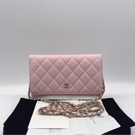 HK full set 芯片款 CHANEL香奈兒 WOC 22S 皮穿鏈 金扣菱格紋 荔枝紋皮櫻花粉鏈條包單肩斜挎包