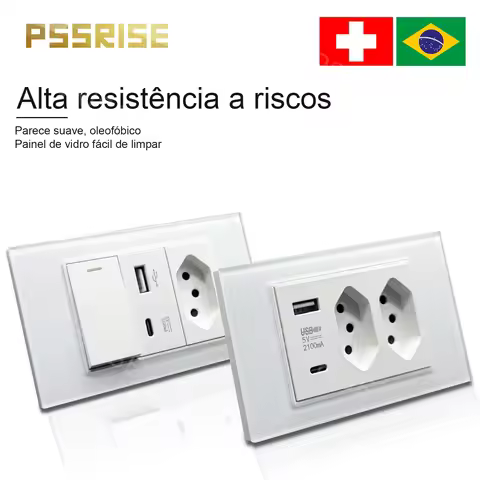 PSSRISE White Tempered Glass Standard socket switch Brazil Switzerland Usb TypeC Wall Socket Light S