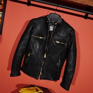 เสื้อแจ็คเก็ตหนังม้าทาสีด้วยวaxes ทรงย้อนยุค สไตล์อเมริกัน สำหรับผู้ชาย ทรงสั้น คอตั้ง สำหรับขี่มอเต