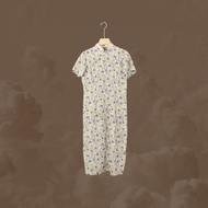 二手 米黃色 藍色喇叭花 小碎花 古董訂製 薄 短袖 旗袍 CA1125