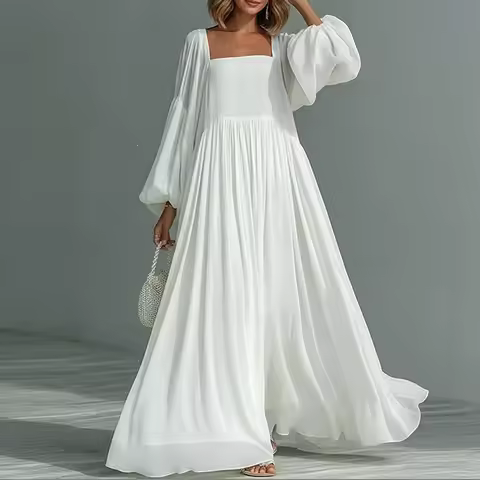 Fashion Square Neck Lantern Sleeve Long Dress Women Summer Dresses Casual Swing Hem Maxi Dress