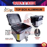 MAGIC BOY TOP BOX ALUMINIUM 45L COLOR GREY AND SILVER MOTORCYCLE BOX SOLID METAL BUCKLE 45L
