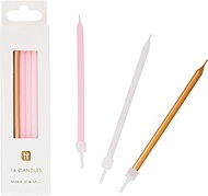 16 Pretty Birthday Candles in Gold, White and Pink with Holders of Pretty Cupcake Toppers Decoration