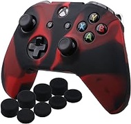 YoRHa Silicone Cover Skin Case for Microsoft Xbox One X &amp; Xbox One S controller x 1(red black) With Pro thumb grips 8 pieces