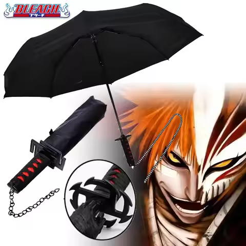 Bleach Katana Umbrella Fold UV Blocking Black Parasol Raincoa Kurosaki Ichigo Sword Japanese Katana 
