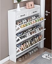 Modern Slim Shoe Cabinet with 2 Drawers, 3 Tier Wooden Shoe Storage Cabinet, Air Hole Design, Pull Down Shoe Rack Storage Organizer Stand for Home Hallway, Bedroom, Hall, White