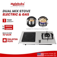 MALOKUKU Dual Gas Stove Stainless Steel Infrared Burner &amp; Electric Induction Build-in | Tabletop Hybrid Gas Cooker Dapur