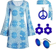 60s 70s Disco Outfit Hippie Costume Women, 1970 Style Clothes Dress Peace Sign Accessories Jewelry Halloween (Blue, Small)