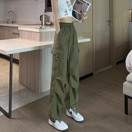 sweatpants hiking pants Seluar hijau tentera wanita musim bunga gaya baru tali pinggang tinggi selua