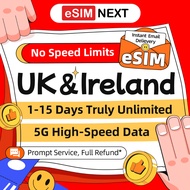 UK & Ireland eSIM 1-15Days 5G Truly Unlimited Data Full 10Mbps Speed | eSIM UK SIM Card | High Speed