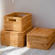 Natural rattan storage box with lid rattan decorative storage basket living room wardrobe bathroom organization TV cabinet console drawer