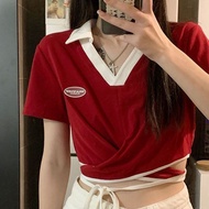 Eliza Women clothes korean red v-neck lace-up design t shirt navel-less slim cotton crop tops