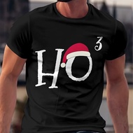 3d Santa Claus Hat Printed Men's T-shirt - Casual Polyester Knitted Fabric, Round Neck, Regular Styl