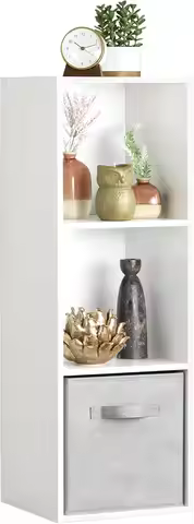 3-Tier White MDF Wood Bookcase, 3 Cube Storage Organizer, Open Display Shelf, 12.2' L x 11.7' W x 35