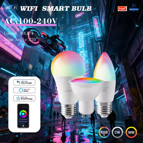 Smart Tuya Rgb Bulb Gu10 C37 A60 T37 E14 E27 Light Dimmable Wifi Led Magic Lamp AC 110V 85V-265V Wor
