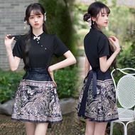 New Black Short Sleeve Shirt & Mini Skirt Set - Pleated Hem Design 60325