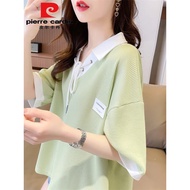 Pierre cardin (pierre cardin) polo Collar Stitching Half-Sleeved T-Shirt Women Summer 2024 Loose Korean Version Small Western Style Design Top