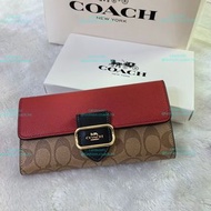 COACH 手袋 銀包 背囊 禮物 F77998 經典老花面料五環鑰匙扣錢包 啡配紅棕色19