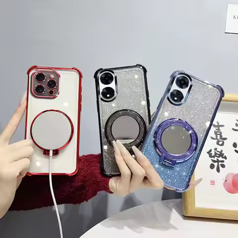 Glitter Four-Corner Shockproof Phone Case with Mirror Stand Beaded Strap For Oppo A78 A58 A 78 5G Ba