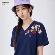 NEW ARRIVAL HANDESIGN T-SHIRT Wanita V-NECK NAVY COTTON COMBED FAITH Blooms / BLOOMS1