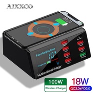 [HOT] AIXXCO 100W อุปกรณ์ชาร์จ USB แบบไร้สาย Dock 18W PD QC3.0ที่ชาร์จความเร็วสูง Station จอ LED อัจฉริยะ8พอร์ต USB สำหรับ Samsung Huawei iPhone