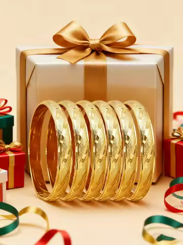 6Pcs 24K Gold Plated Dubai Bangle Set Women Star Pattern Gold Cuff Bracelet Bridal Wedding Jewelry
