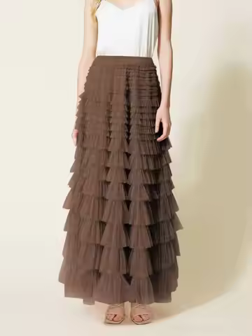 Casual Solid Women Tierred Ball Gown Skirts Tulle High Waist Pleated Long Tutu Skirt Elegant Ladies