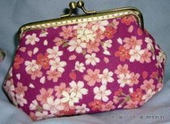 手作機縫 日本粉紫櫻花棉麻布 口金包 零錢包 水餃包 元寶包 