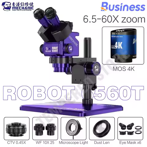 MECHANIC ROBOT 6560T-B11 Trinocular Stereo Industrial Microscope 6.5-60X Continuous Zoom WF10X25 for