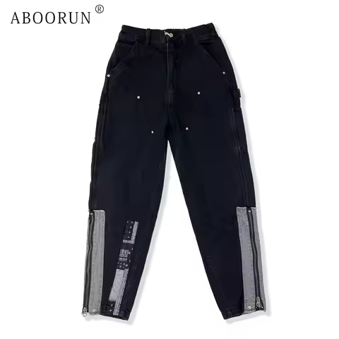 ABOORUN Men's Retro Ankle Zippers Jeans Cashew Flower Patchwork Joggers for Male