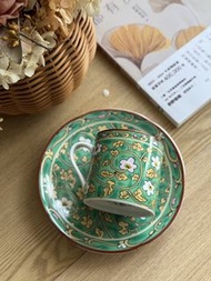 日本昭和有田燒 綠地金彩唐草花卉 濃縮咖啡杯碟組 茶杯 陶瓷 瓷器
