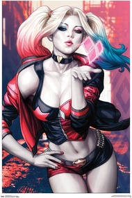 Lukisan kanvas bingkai premium potret Harley Quinn berciuman - hiasan dinding seni komik sedia digan