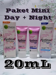Paket Mini Garnier Sakura Glow Hyaluron Serum Cream SPF 30 + Sleeping Mask Night Cream 20gr - Travel Size Krim Siang + Malam