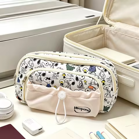 Snoopy Stationery Bag Double Layer Large Capacity Pen Bag Cartoon Style Makeup Toiletries Storage Po