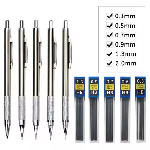 Metal Mechanical Pencil 0.3/0.5/0.7/0.9/1.3/2.0mm Drawing Automatic HB Pencil Set with Leads Office 