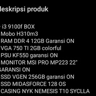 PAKETAN PC i3 9100f GTX 750 TI MONITOR MSI PRO MP223