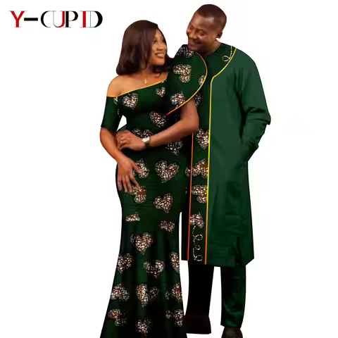 African Print Bright Silk Long Dresses for Women Matching Couple Clothes Dashiki Men Outfits Bazin L