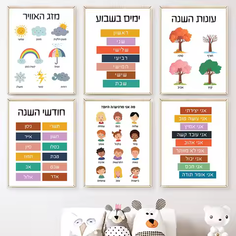 Hebrew Educational Nursery Wall Art Jewish Kids Learning Canvas Prints Weather Months Seasons Emotio