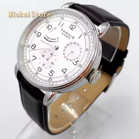 New Parnis 42mm silver watch case date leather automatic movement men's luxury mechanical watch