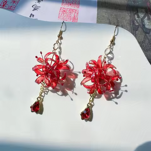 1 pair Women Red Lycoris Radiata Flower Ear Hooks Jewelry Vintage Handmade Hanfu Cheongsam Earrings 